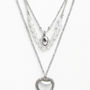 Trendy Silver-Plated Multi-Layer Pearl & Heart Pendant Necklace for Women and Girls