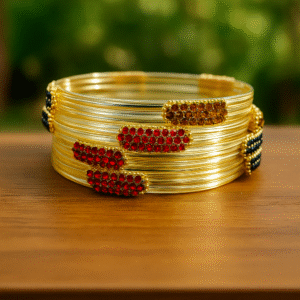 Golden Glass Bangles with Red & Black Stone Work – Women Jewelry Set